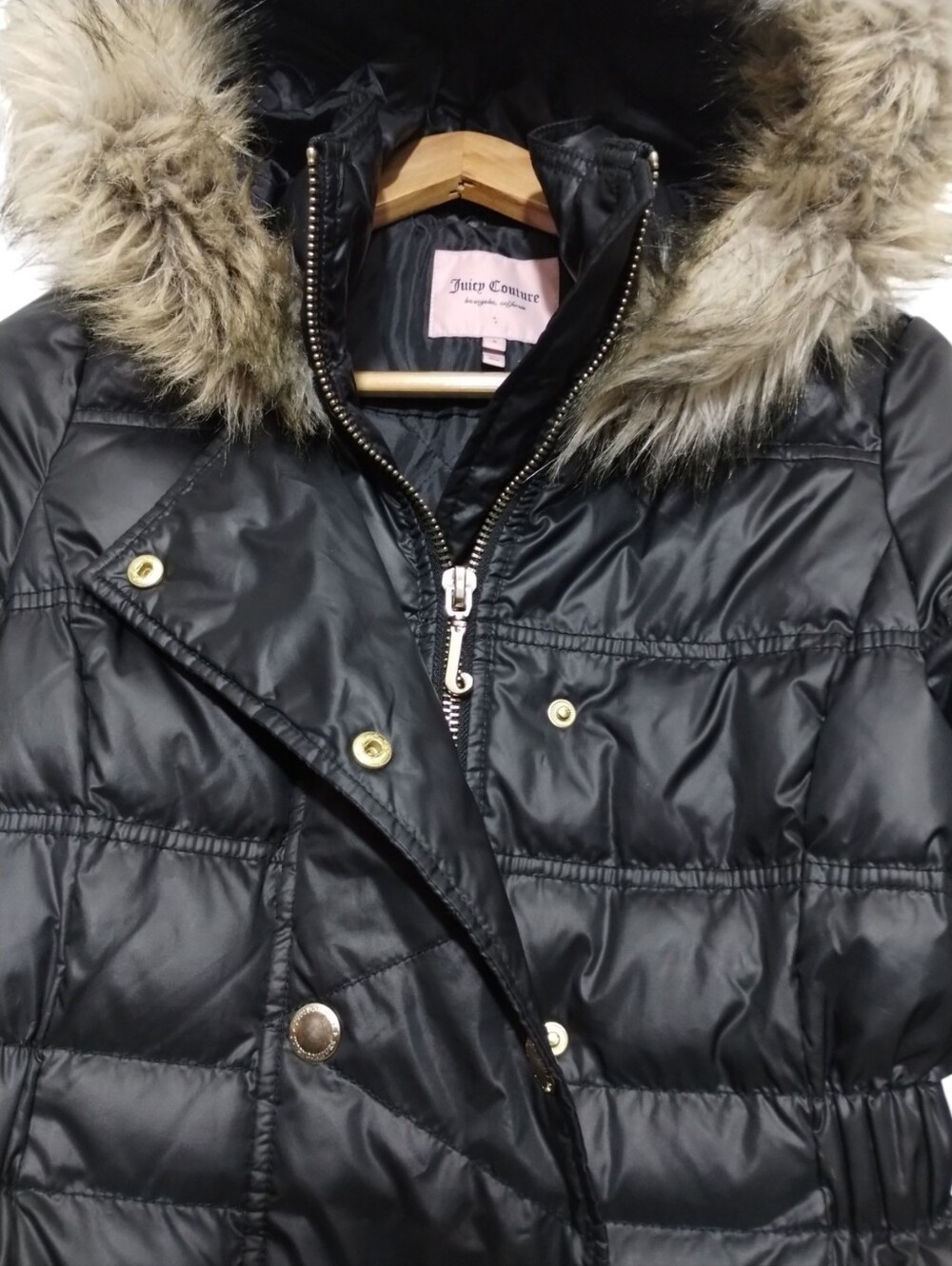 Juicy Couture Black Puffer Coat with Faux Fur Hood Trim Women's S Y2K - Picture 2 of 5